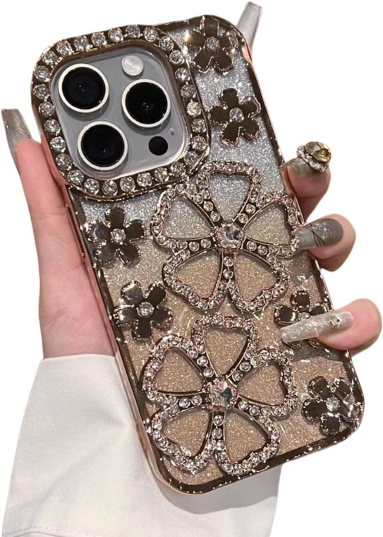 YTanazing Cute Glitter Bling Flower Case for iPhone 16 Pro Max,Luxury Diamond Glitter Rhinestone 3D Floral Women Girls and Sparkly Shiny Slim Shockpr