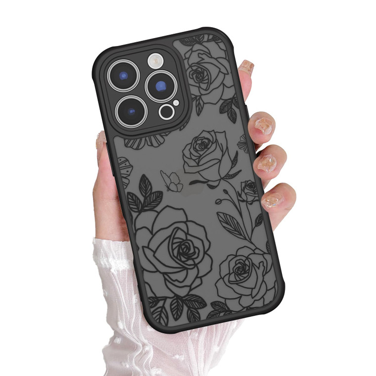 DYFYFKDI for iPhone 16 Pro Max Case Black Floral Girly Cute Aesthetic Flower Rose Pattern Case for Women Girls, Slim TPU Bumper Shockproof Protective