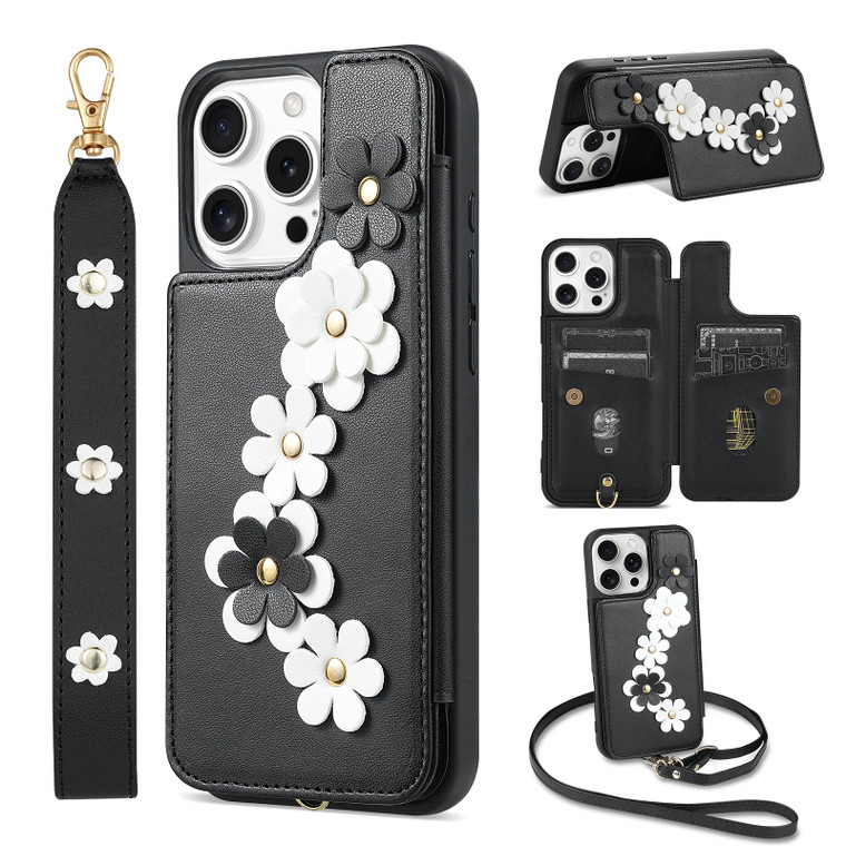 rongki for iPhone 16 Pro Max Case, Wallet with Card Holder, Cute Flower Design Crossbody Phone Purse for Women, PU Leather Magnetic Kickstand Shockpr