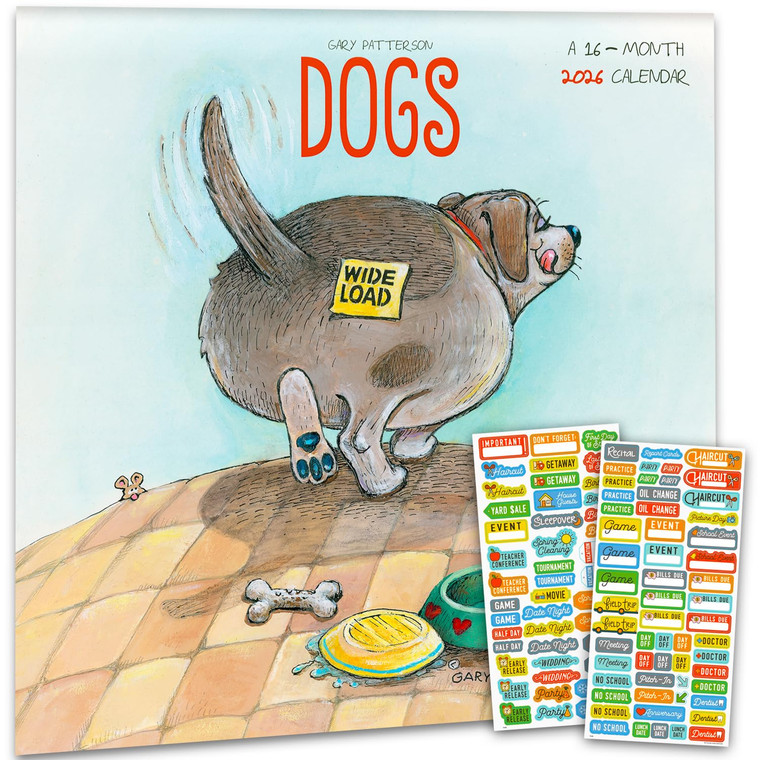 Cartoon Dogs Calendar 2026 - Deluxe 2026 Funny Comic Art Dogs Wall Calendar Bundle with Over 100 Reminder Stickers (Animal Themed Gifts, Office Suppl