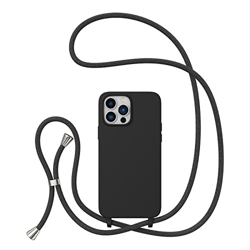 ZTOFERA Crossbody Case for iPhone 15 Pro Max with Lanyard Strap Adjustable Rope, Liquid Silicone Soft Cover for iPhone 15 Pro Max 6.7 inch-Black