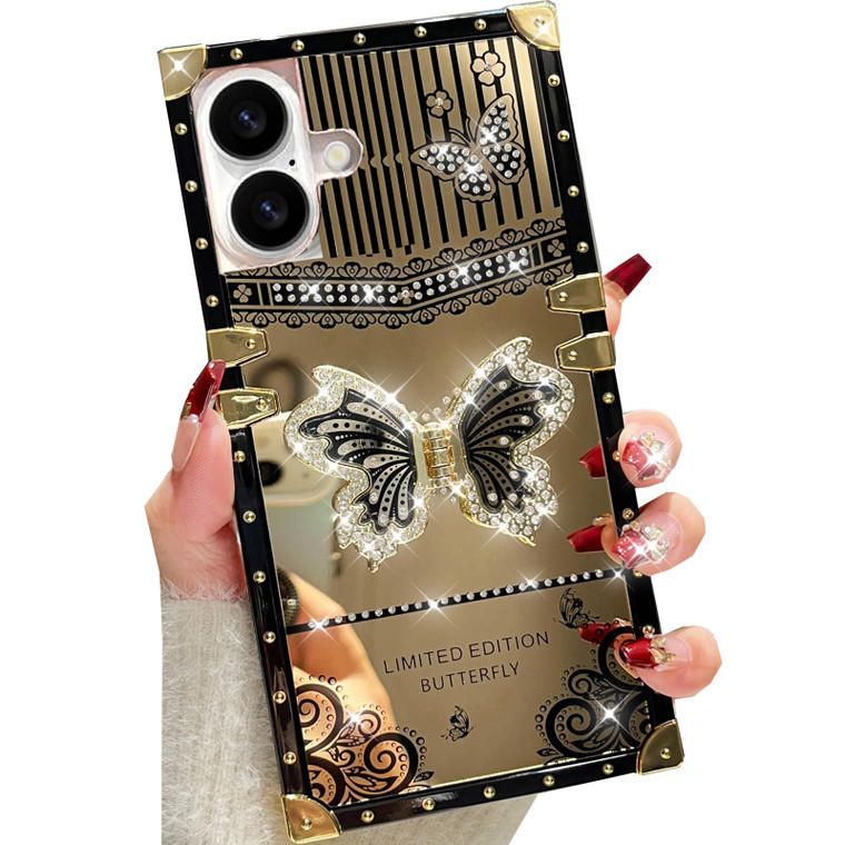 Changjia Glitter Kickstand Case for iPhone 16 Plus, Cute Luxury Bling Sparkly Butterfly with Foldable Stand Elegant Mirror Back Shockproof Protective