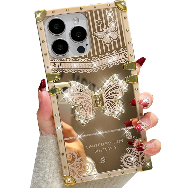 Changjia Glitter Kickstand Case for iPhone 16 Pro,Cute Luxury Bling Sparkly Rhinestones Butterfly Foldable Stand Elegant Mirror Shockproof Protective