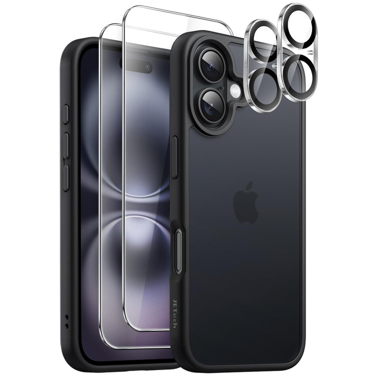 JETech 5 in 1 Matte Case for iPhone 16 6.1-Inch with 2-Pack Each Tempered Glass Screen Protector and Camera Lens Protector, Translucent Back Shockpro