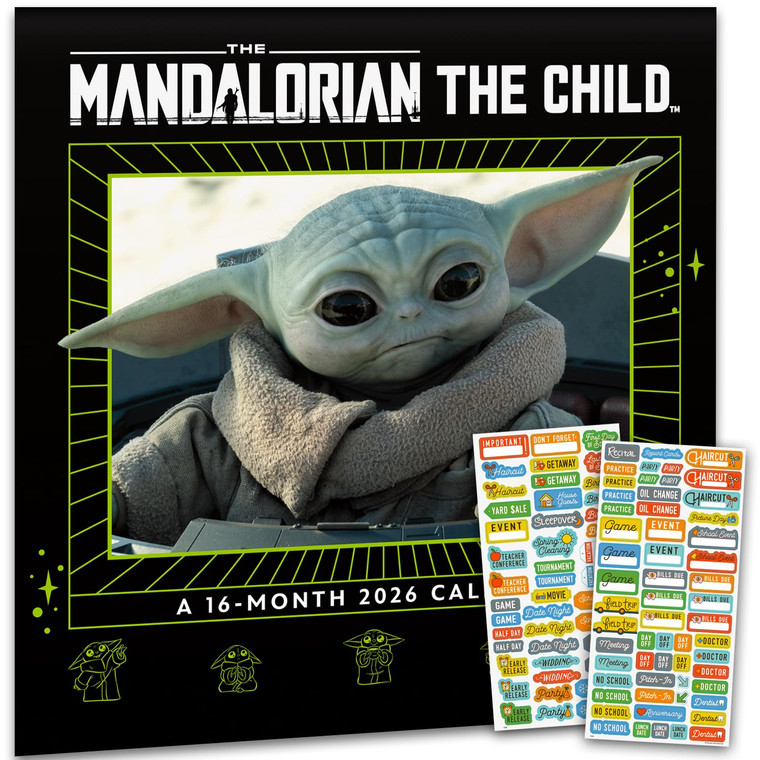 Star Wars Grogu Calendar 2026 - Deluxe 2026 Mandalorian Baby Yoda Wall Calendar Bundle with Over 100 Reminder Stickers (Mandalorian The Child Gifts,