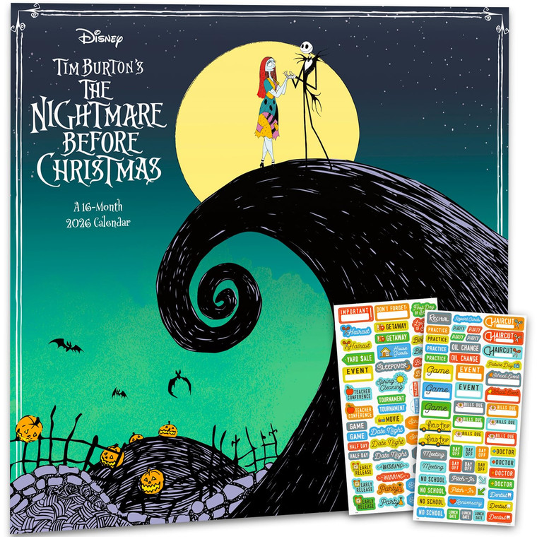 Nightmare Before Christmas Calendar 2026 - Deluxe 2026 NBC Jack Skellington Wall Calendar Bundle with Over 100 Reminder Stickers (Tim Burton Gifts, O