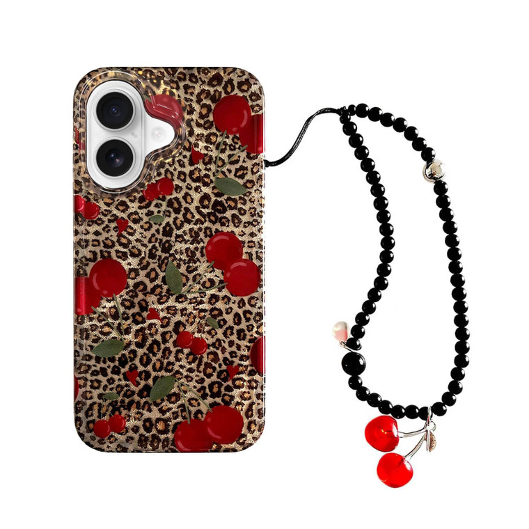 aaknhen Leopard Cherry Phone Case Compatible for iPhone 16,Trendy Cherries Cheetah Print Cases with Phone Charm Chain Cute iPhone Case,Fruit Phone Ca