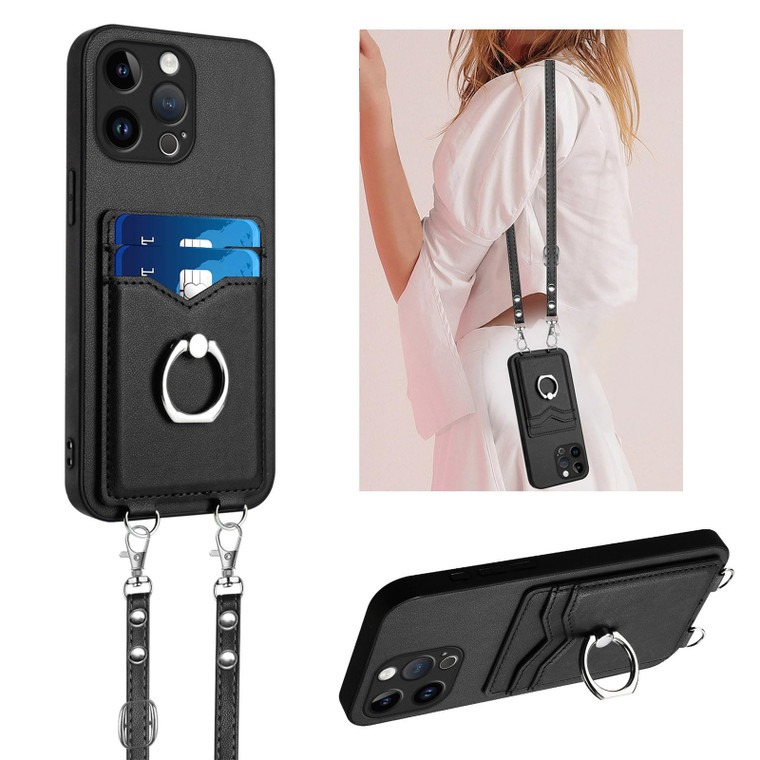 LEMAXELERS Case for iPhone 16 Pro Max with Card Holder and Ring Stand for Women, with Crossbody Lanyard Removable Shoulder Lanyard Strap Purse Case C