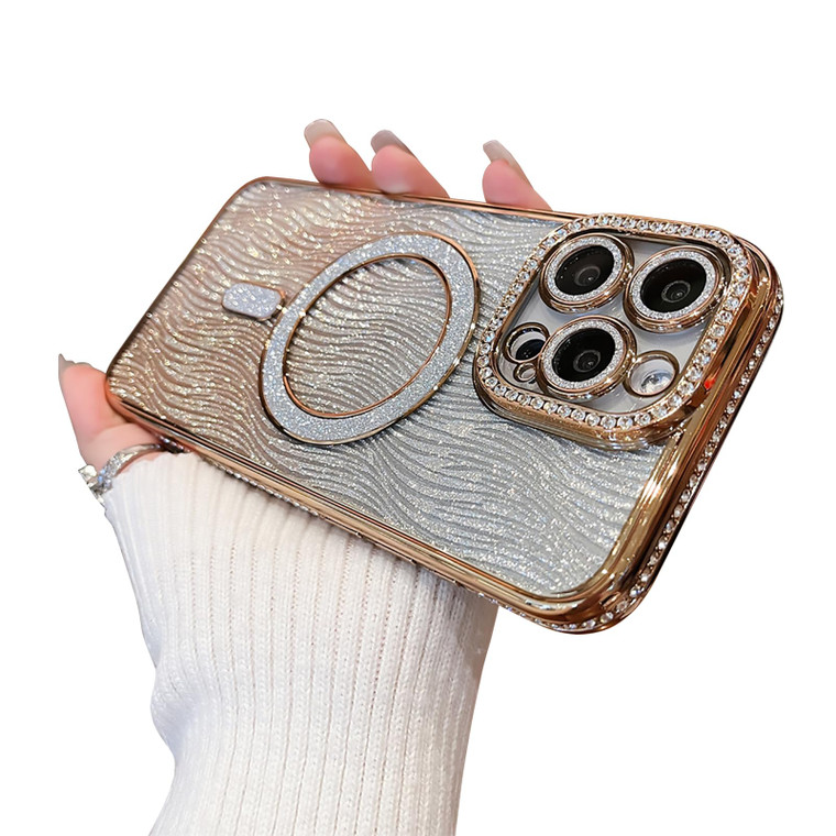 Uioeua for iPhone 16 Pro Magsafe Case,Luxury Plating Glitter Sparkly Diamond Rhinestone Cover with Camera Protector for Women Men Girls Silicone Shoc