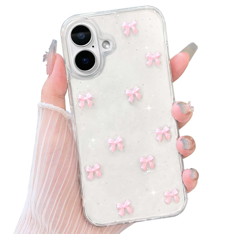 NITITOP Compatible with iPhone 16 Plus Case Clear Cute Sparkly 3D Bow Bling Glitter Bowknot for Women Girls Ultra Slim Anti-Yellow Protective Phone C