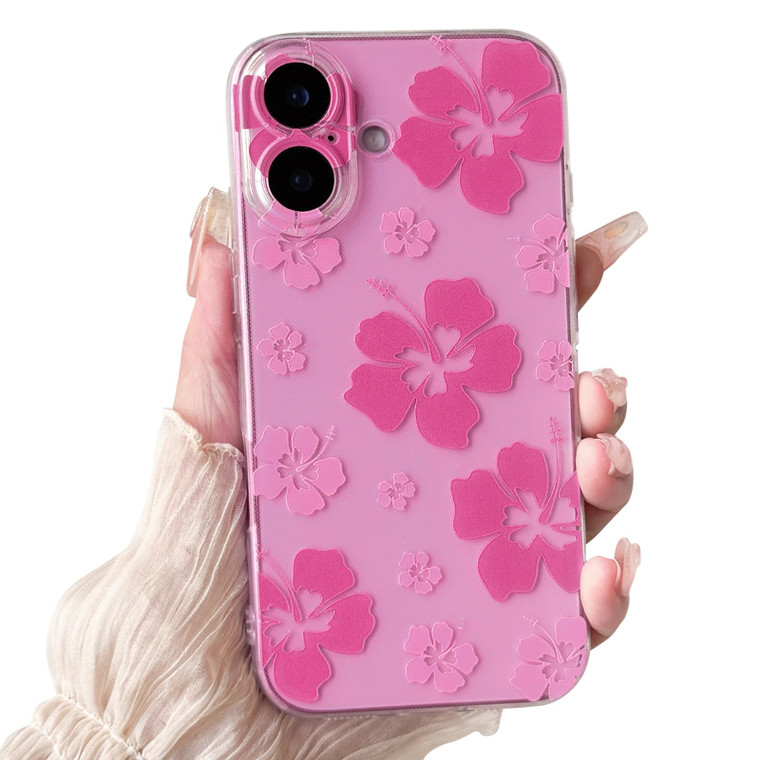Lovmooful Compatible for iPhone 16 Plus Case Cute Clear Hibiscus Flower Floral Aesthetic Printed Design for Girls Women Soft TPU Shockproof Protectiv