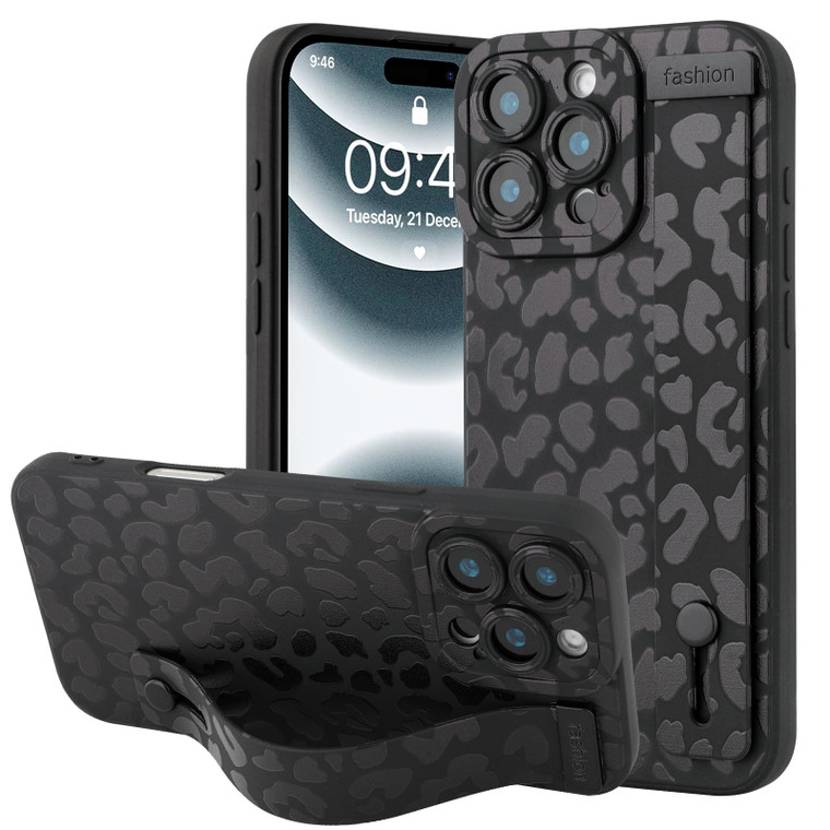 OOK Compatible with iPhone 16 Pro Leopard Case with Wrist Strap, Black Leopard Cheetah TPU Shockproof Protection Slim Cover with Camera Protection fo