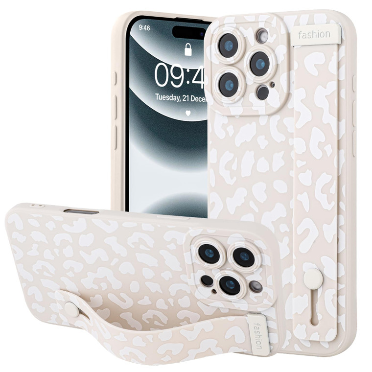 OOK Compatible with iPhone 16 Pro Leopard Case with Wrist Strap, White Leopard Cheetah TPU Shockproof Protection Slim Cover with Camera Protection fo