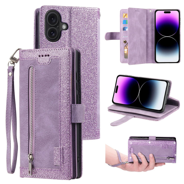 UEEBAI Wallet Case for iPhone 16 Plus, 9 Card Holder Slots Zipper Pocket Handbag Cover Magnetic Closure Kickstand with Wrist Strap TPU Shockproof Fli