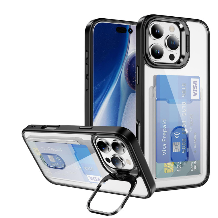 Wallet Clear Case for iPhone 16 Pro Max 6.9 inch with Card Holder Built-in Camera Ring Stand Military-Grade Protection Kickstand Cover Black