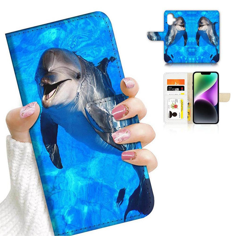 for iPhone 16 Plus, Designed Flip Wallet Phone Case Cover, A21798 Cute Dolphin