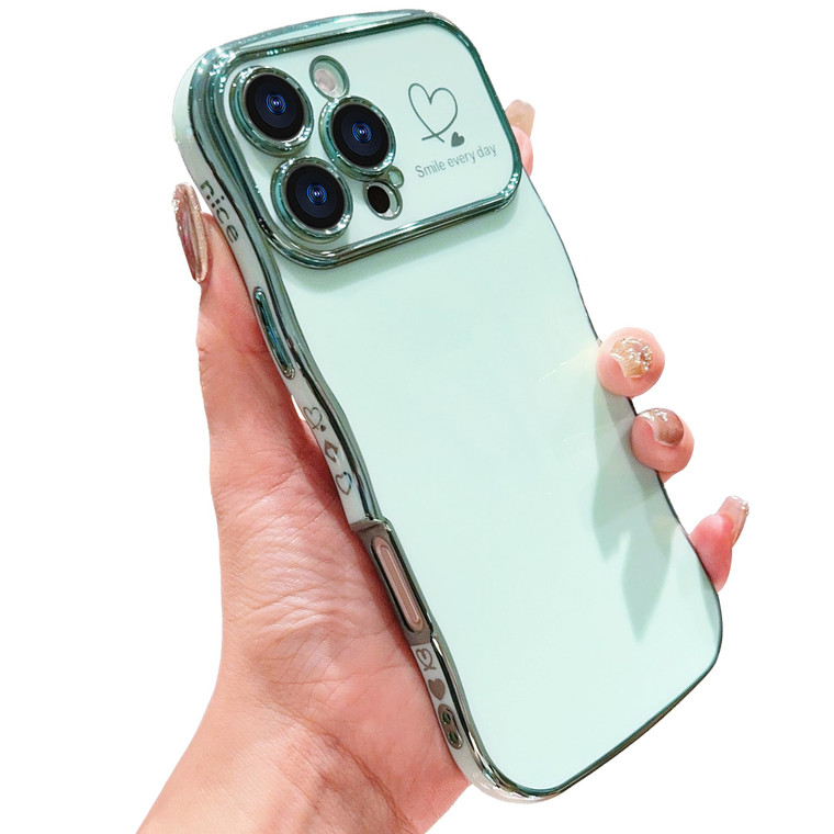 IDweel for iPhone 16 Pro Max Case for Women Girls, Luxury Cute Wave Frame Curly Shape with Love Heart Raised Camera Protection Slim Fit Cover Plating