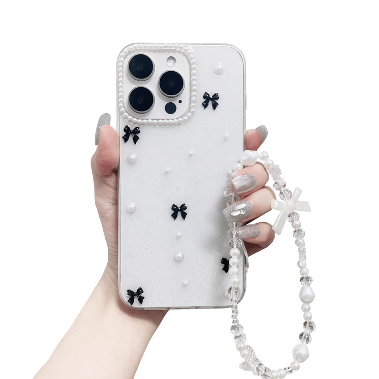 XQAGU Phone Case for iPhone 16 Pro Max Clear Glitter Case Cute Bow Knot Aesthetic Girly Phone Case with Phone Charms Chain Bracelet Soft Protective C