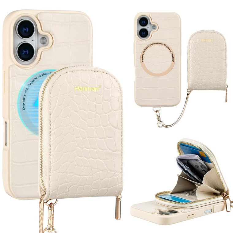 Hanman Magnetic Wallet Case for iPhone 16,RFID Blocking Leather Zipper Purse Magnetic Case with Chain Patche for iPhone 16,Detachable Magnetic Wallet