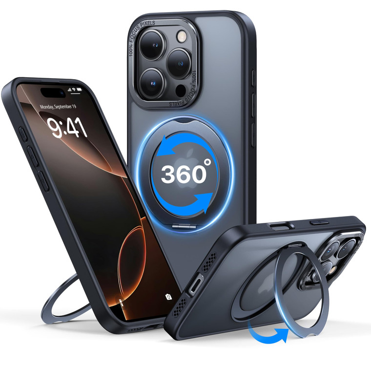 QTlier case for iPhone 16pro, 360 Rotatable Ring Stand, Raised Camera Frame, Shockproof with MagSafe Black