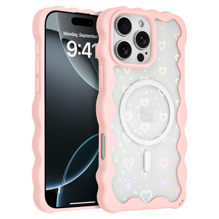AIGOMARA for iPhone 16 Pro Max Case, Compatible with MagSafe, Distinct Cute Love Heart Pattern Design for Women Girl Wavy Edge Clear Back Soft TPU Bu