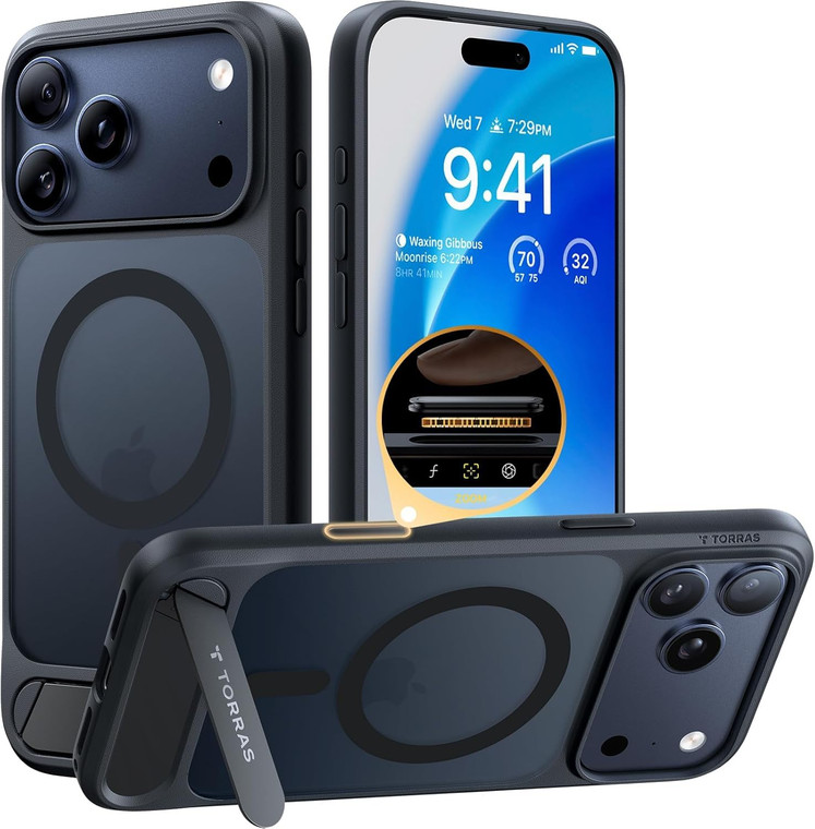 TORRAS Strong Magnetic & Seamless Stand for iPhone 17 Pro Case, Fit for MagSafe, Militray Grade Protection, Built-in Kickstand, Camera Control, Trans