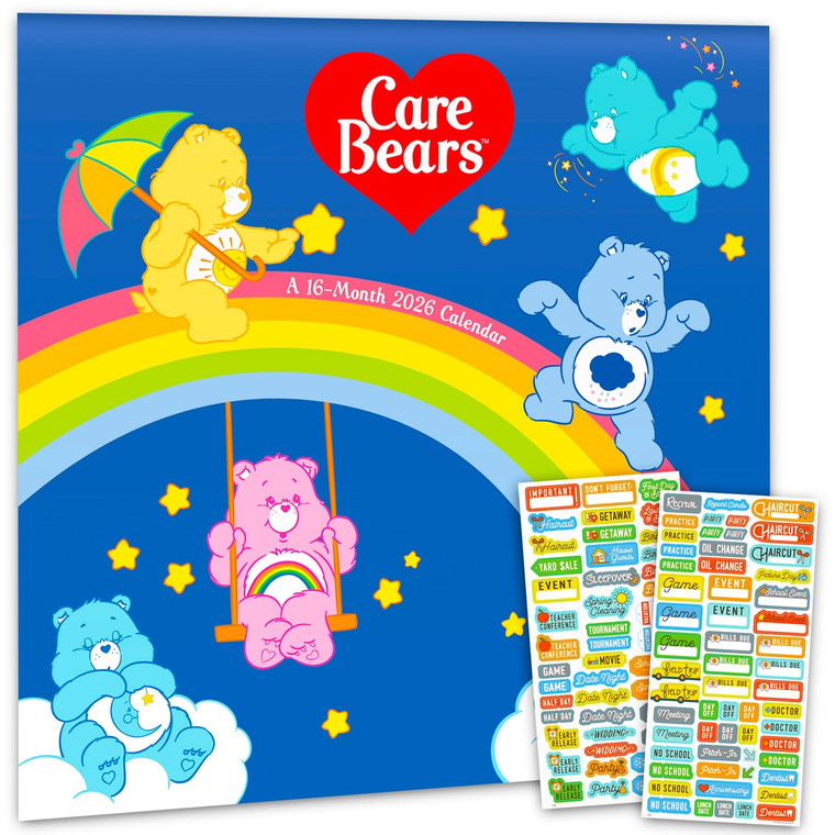 Care Bears Calendar 2026 - Deluxe 2026 Care Bears Wall Calendar Bundle with Over 100 Reminder Stickers Featuring Cheer, Grumpy, Funshine, More (Hasbr
