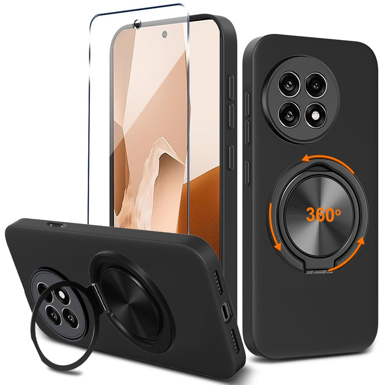 Compatible for OnePlus 13R 5G Phone Case with Glass Screen Protector, 360° Rotatable Ring Holder Kickstand Silicone TPU Slim Fit Shockproof Protectiv