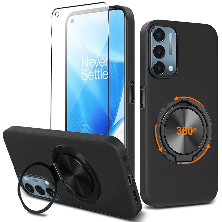 Compatible for OnePlus Nord N200 5G Phone Case with Glass Screen Protector, 360° Rotatable Ring Holder Kickstand Silicone Silm Fit Shockproof Protect