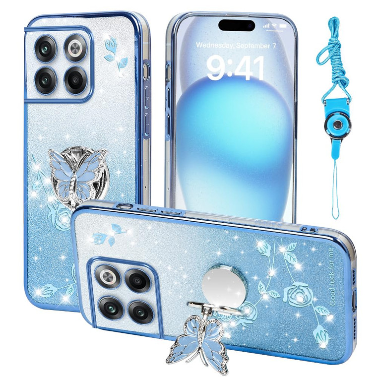 RTYQXK for Oneplus 10T Phone Case,for Plus One 1+10T Mobile Phone Case for Women and Girl, Glitter Butterfly Floral TPU Protective Cover with Kicksta