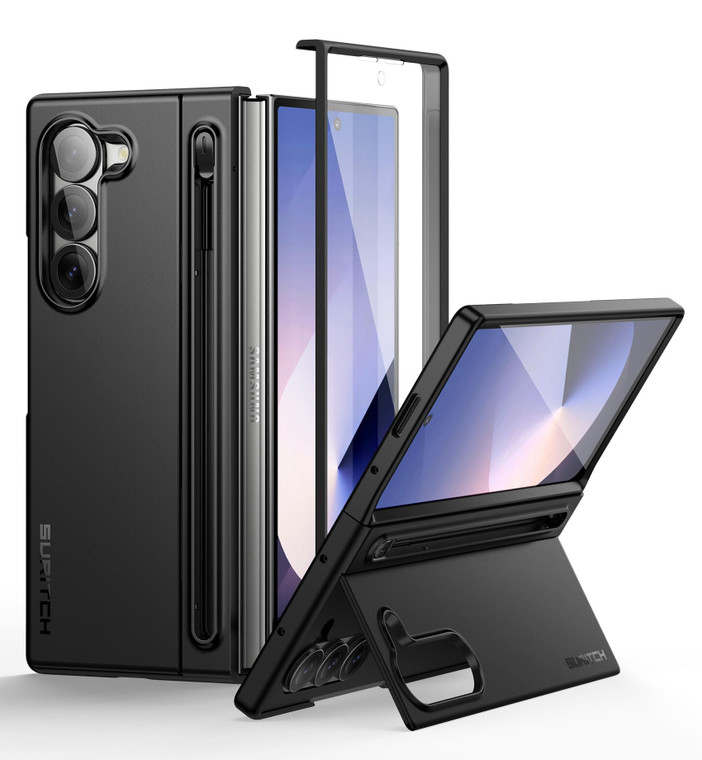SURITCH for Samsung Galaxy Z Fold 6 Case with Kickstand and S Pen Holder [S Pen NOT Included], Phone Case for Z Fold 6 2024 -Black
