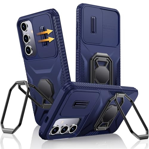 XYZ for Samsung Galaxy S24 FE Case with Stand, Phone Case with Slide Camera Cover, [Foldable Double Ring Holder] [Military-Grade] Shockproof Protecti