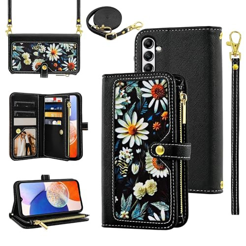 Furiet Floral Wallet Case for Samsung Galaxy A16 5G/4G with Wrist Strap Shoulder Strap Flip Zipper Purse Luxury PU Leather Credit ID Card Holder Stan