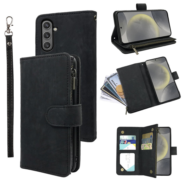 Dibosom Wallet Case for Samsung Galaxy S24 FE 5G with Wrist Strap Lanyard and Premium Vintage Leather Flip Credit Card Holder Stand Accessories Cell