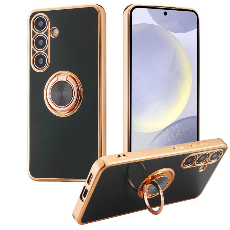 LHELIFE Shockproof Case for Samsung Galaxy S24 FE, with 360° Rotatable Ring Holder Magnetic Kickstand, Plating Rose Gold Edge Slim Soft Protective Co