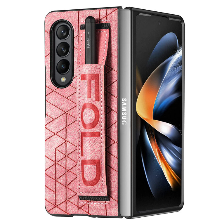 Omio Designed for Samsung Galaxy Z Fold 3 Leather Case with S Pen Holder & Strap, Wrist Strap Leather Back Cover Hard PC Shockproof Finger Grip Case