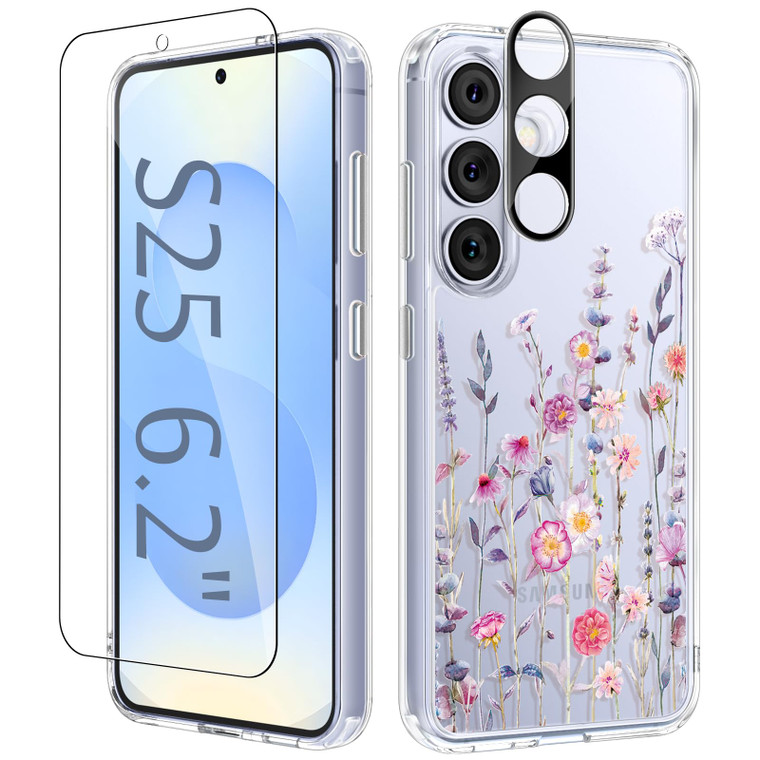 GVIEWIN Compatible with Samsung Galaxy S25 Case, Clear Floral Slim Shockproof Protective Women Phone Case, Non-Yellowing, with Screen Protector & Cam