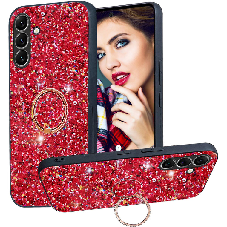 Ephoou Glitter Case for Samsung Galaxy S24 FE, Cute Sparkly Bling Shockproof Phone Cover with Ring Kickstand, Women Girls Shiny Protective Slim Case
