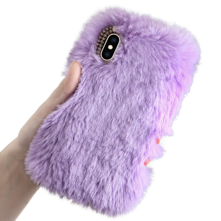 LCHDA Plush Case for Samsung Galaxy S24 FE 5G, Cute Soft Bunny Furry Fluffy Fuzzy Winter Warm Faux Rabbit Fur Hair TPU Bumper Protective Cover with B