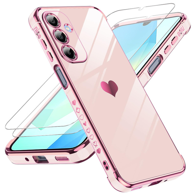 LeYi for Galaxy A16-5G Phone Case: Tempered Glass Screen Protector [2 Pcs]+ Full Camera Lens Protection,Love Heart Plating Luxury Shockproof Phone Ca