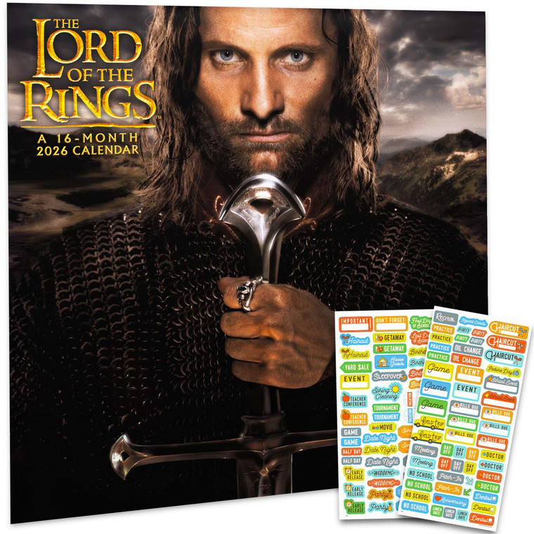 The Lord of the Rings Calendar 2026 - Deluxe 2026 Middle-Earth Wall Calendar Bundle with Over 100 Reminder Stickers (The Hobbit Gifts, Office Supplie