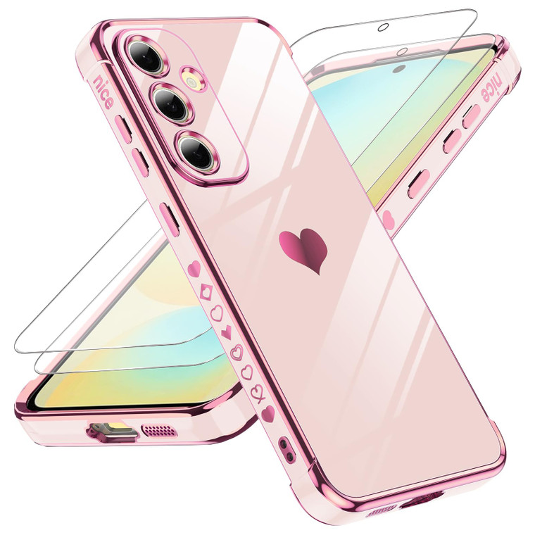LeYi for Galaxy S24-FE Case: Tempered Glass Screen Protector 2 Pcs,Full Camera Lens Protection, Love Heart Plating Luxury Shockproof Phone Case Funda