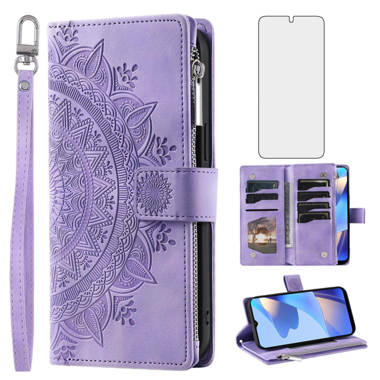 Phone Case for Samsung Galaxy A16 5G Wallet Cover With Tempered Glass Screen Protector Wrist Strap Credit Card Holder Slot Mandala Flower Leather Fli