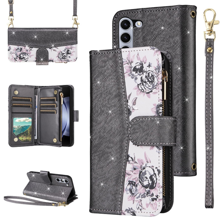 Furiet for Samsung Galaxy Z Fold 6 5G 2024 Floral Wallet Case Flip Zipper Purse Wrist Strap Shoulder Strap, Luxury Glitter PU Leather Card Holder Sta