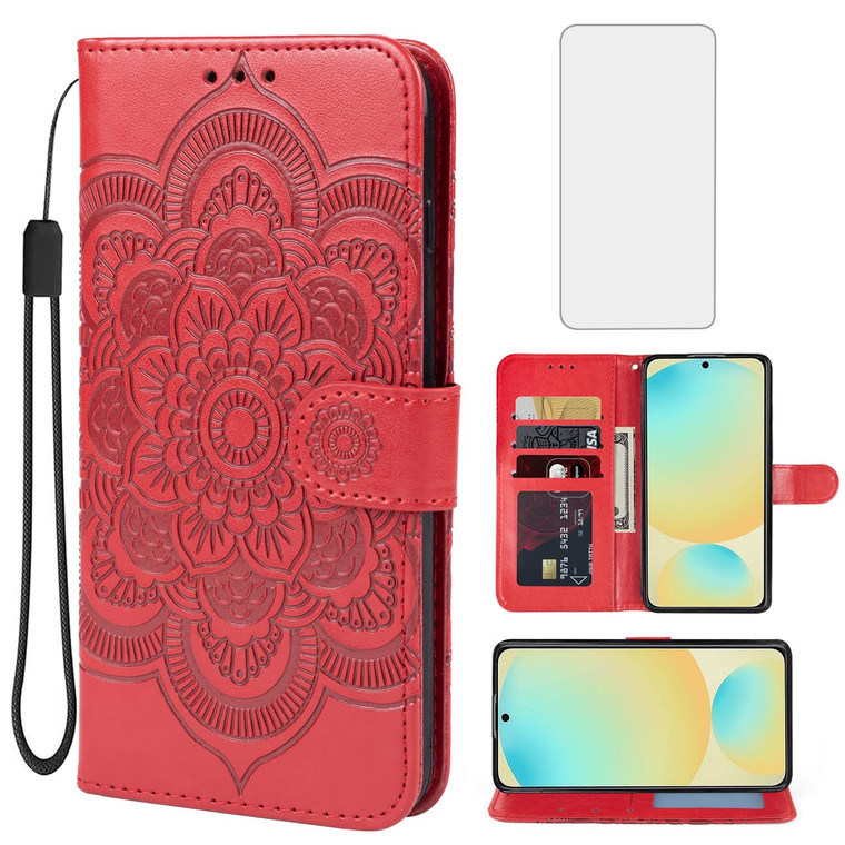 Bohefo Case for Galaxy S24 FE Case, Samsung S24 FE SM-S721U Wallet Case with Tempered Glass Screen Protector, Mandala Leather Flip Credit Card Holder