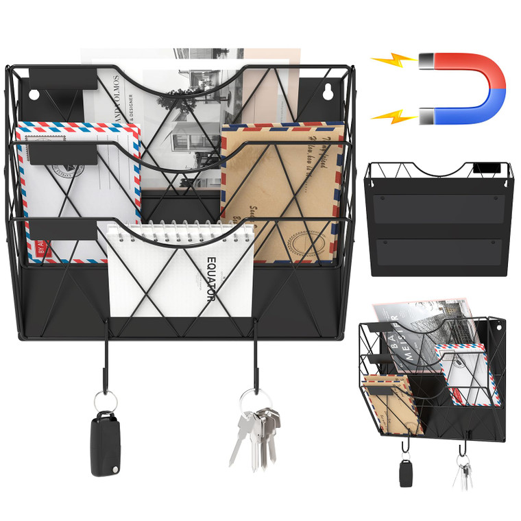 Patvingot Magnetic File Holder for Refrigerator & Cabinets | No-Drill Wall Mount Organizer | 3-Tier Vertical Mail & Magazine Holder for Office/Home (