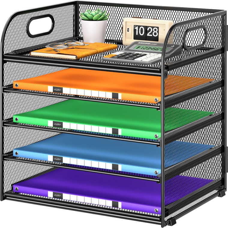 Cawukege 5 Tier Paper Organizer with Handle, Black Metal Mesh Desk Organizer File Folder Paper Letter Tray Desktop Document Sorter for Classroom, Sch