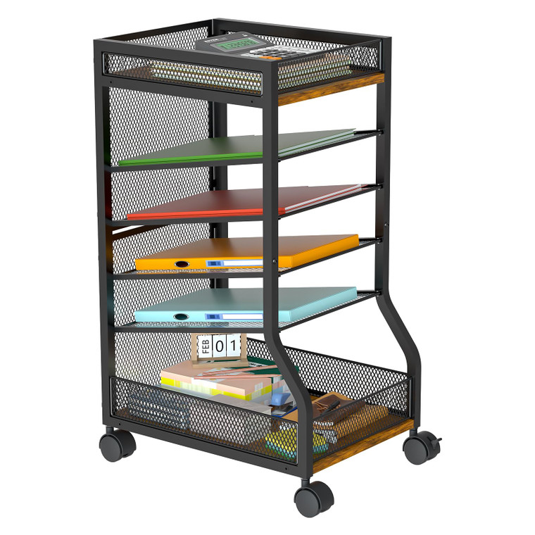 keomaisyto 6-Tier Standing File Organizer for Office Organization, Under Desk File Holder with Sliding Mesh Paper Letter Trays, Slim Rolling File Car