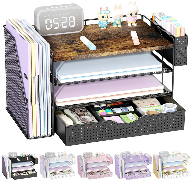gianotter Wood Desk Organizers and Accessories with File Holder, 4-Tier Desk Accessories & Workspace Organizers with Drawer and Pen Holder, Paper Org
