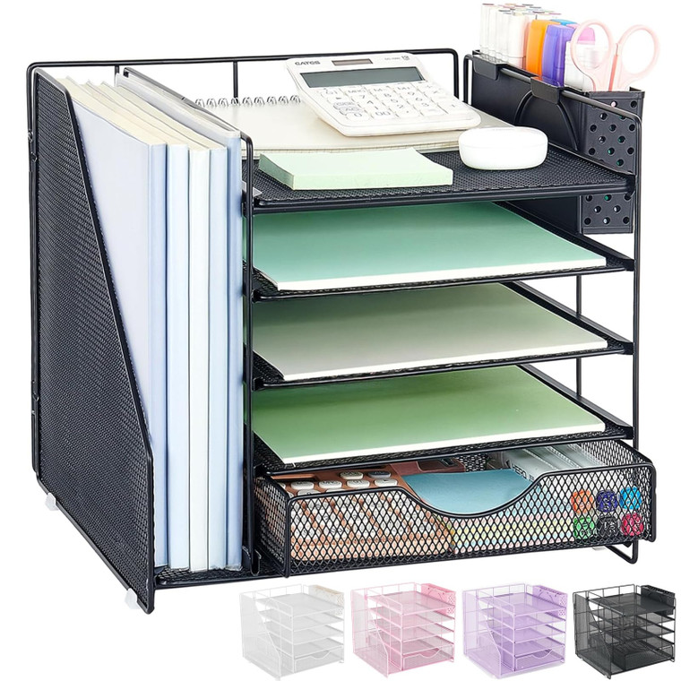 OUTIOE Desk Organizer with Drawer and Pen Holder, 5-Tier Paper Letter Tray Organizer with File Holder, Suitable for Workspace Organizer Office Suppli